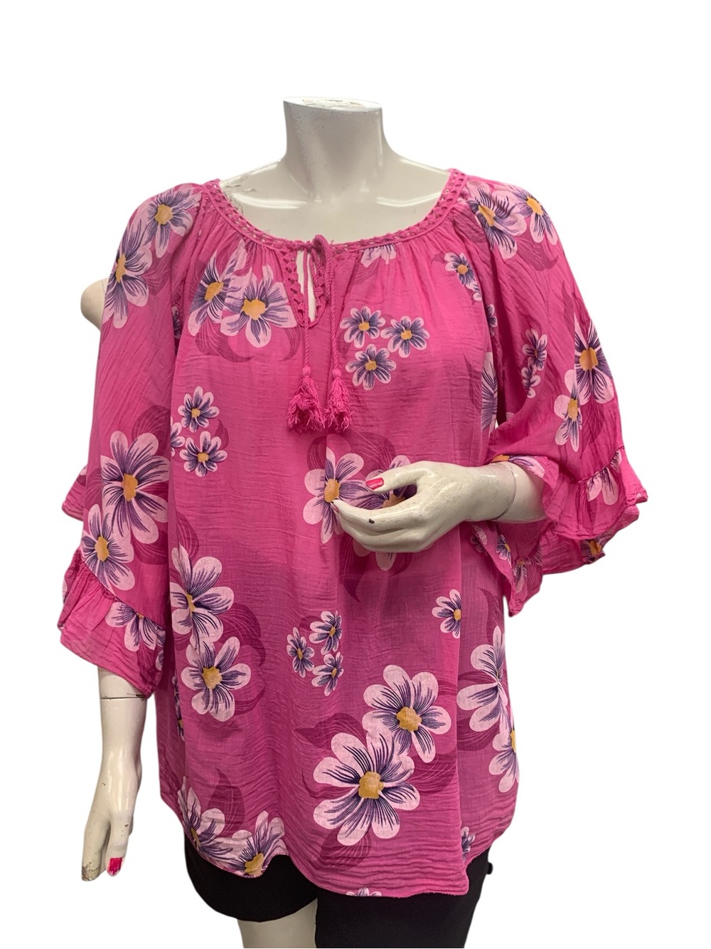 Women's Fuchsia Floral Tassel Peasant Tunic